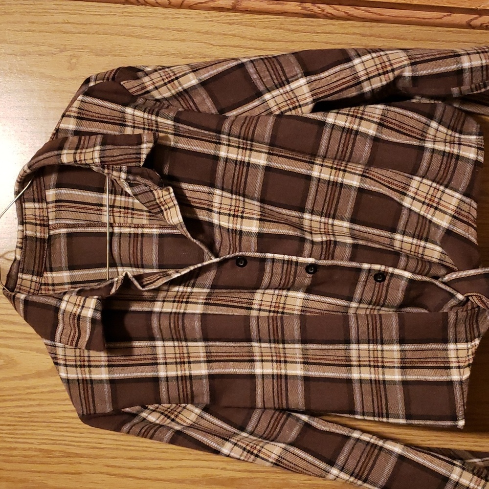 Flannel crop top sz L Brown tie front elastic back